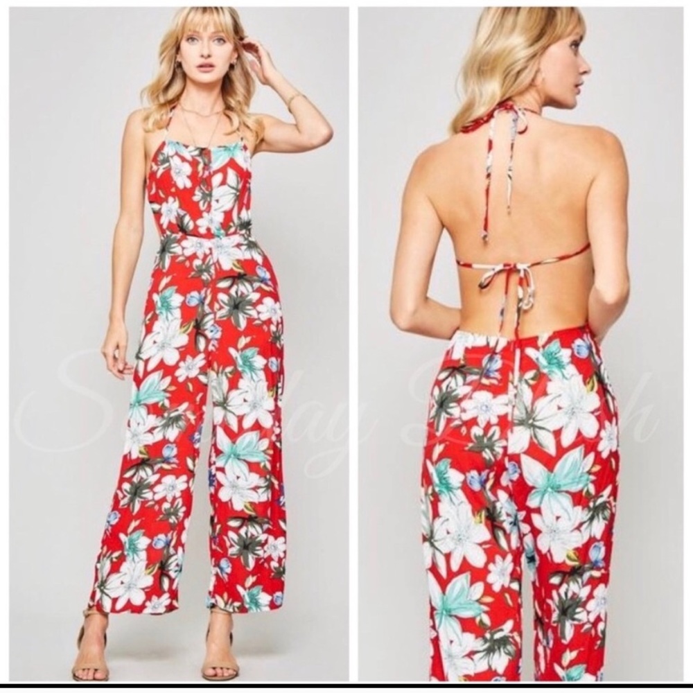 Red Floral halter backless jumpsuit